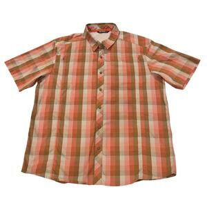 Arc'Teryx Short Sleeve Shirt Men's Large Orange Plaid Chest Zip Pockets Outdoor